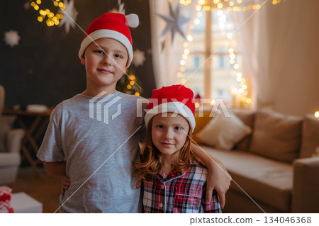 Children wearing Santa hats smiling at Christmas. Children wearing Santa hats smiling at Christmas. 134046368