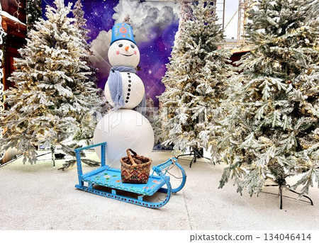 Russia, Moscow, Novy Arbat, December 6, 2025, New Year's decor snowman on the street Russia, Moscow, Novy Arbat, December 6, 2025, New Year's decor snowman on the street 134046414