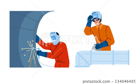Industrial workers performing welding and pipe fitting tasks Industrial workers performing welding and pipe fitting tasks 134046485