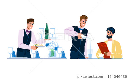 Waiter serving customer in restaurant setting 134046486