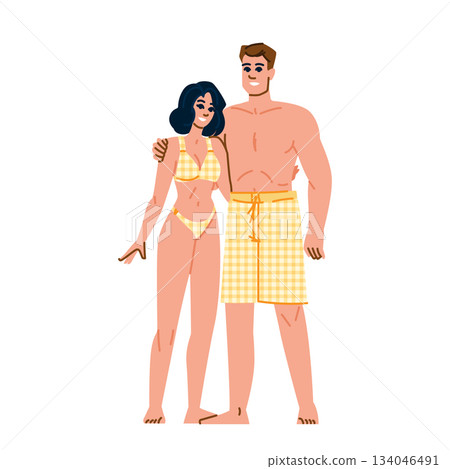Young couple enjoying summer holiday wearing swimwear Young couple enjoying summer holiday wearing swimwear 134046491