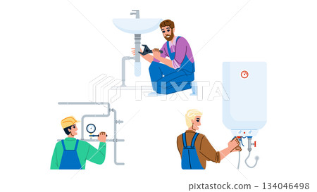 Plumbing service workers repairing and installing water systems 134046498