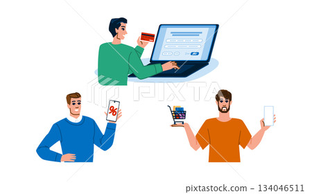 Men shopping online, paying with cards and using mobile apps 134046511