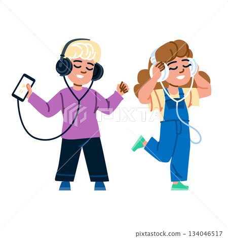 Happy kids listening to music on headphones enjoying audio Happy kids listening to music on headphones enjoying audio 134046517