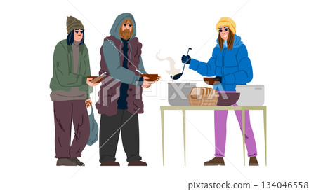 Volunteer giving warm meal to homeless people Volunteer giving warm meal to homeless people 134046558