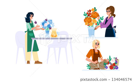 Women florists creating fresh floral bouquets and arrangements 134046574