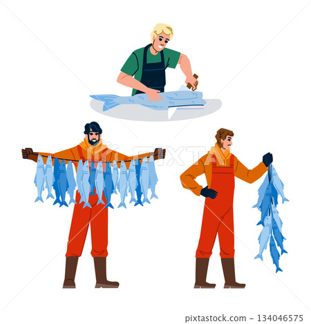 Fishermen catching and preparing fresh fish products 134046575