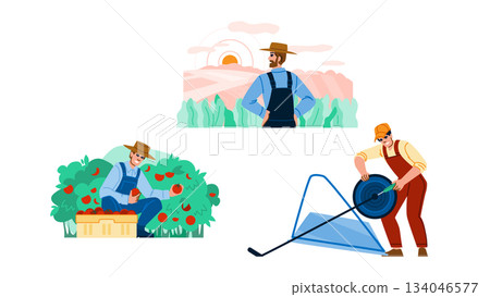 Farmer working in agriculture field harvesting and irrigating Farmer working in agriculture field harvesting and irrigating 134046577