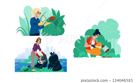 Women ecologist scientists studying nature and cleaning environment 134046583