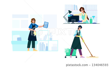 Professional cleaning women performing various service tasks 134046593