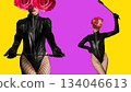 Abstract contemporary art collage Sexy Lady Holding Strict Leather Short Handle Wide Head Riding Crop with pink flower rose bud on face 134046613