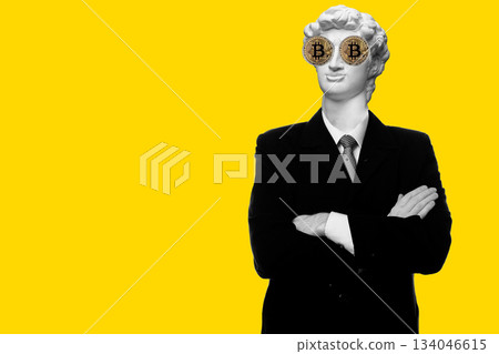 Abstract modern collage. The man with the plaster head of David Smiling businessman standing with arms folded with bitcoin eyes isolated on yellow background 134046615