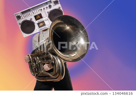 Abstract modern collage. The man with the head of a tape recorder holding the tube 134046616