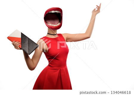 Fashion woman portrait isolated on white. Happy girl hold bag. Red dress. female beautiful model. 134046618