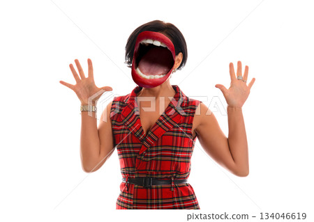 Funky emotions. Beautiful young women standing white background Funky emotions. Beautiful young women standing white background 134046619