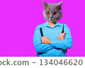 Collage of a man and with a cat head - attractive male hairdresser with scissors and comb 134046620
