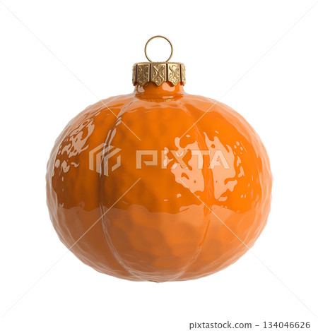 Glossy orange tangerine christmas ornament with decorative golden cap and stem, isolated on transparent background 134046626