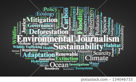 Environmental Journalism Word Cloud. Core Terms On Climate, Ecosystems, Justice, And Global Sustainability. Environmental Journalism Word Cloud. Core Terms On Climate, Ecosystems, Justice, And Global Sustainability. 134046733