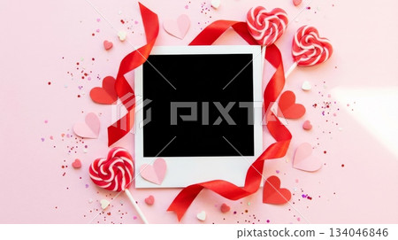 Blank Polaroid with Red Ribbon and Paper Heart Candy 134046846