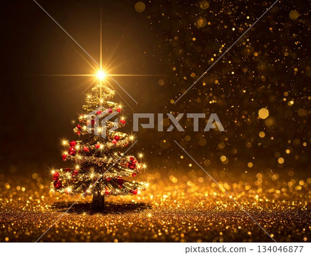 Sparkling Christmas tree wrapped in golden light and glitter background Sparkling Christmas tree wrapped in golden light and glitter background 134046877