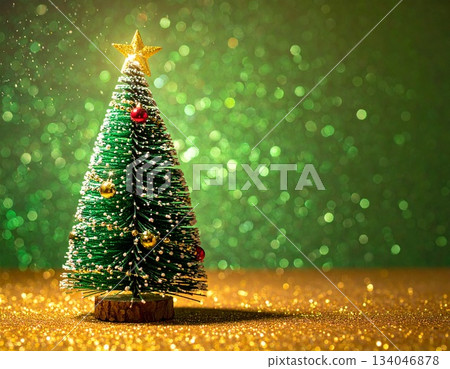Sparkling Christmas tree wrapped in golden light and glitter background Sparkling Christmas tree wrapped in golden light and glitter background 134046878