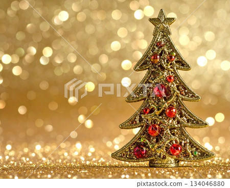 Sparkling Christmas tree wrapped in golden light and glitter background 134046880