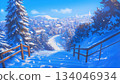 Scenery of stone stairs in a snowy village, anime style 134046934