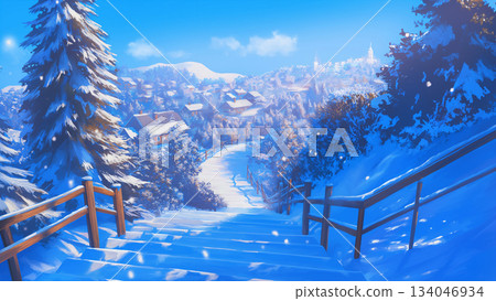 Scenery of stone stairs in a snowy village, anime style Scenery of stone stairs in a snowy village, anime style 134046934