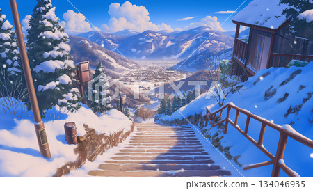 Winter rural stone staircase landscape, anime style Winter rural stone staircase landscape, anime style 134046935