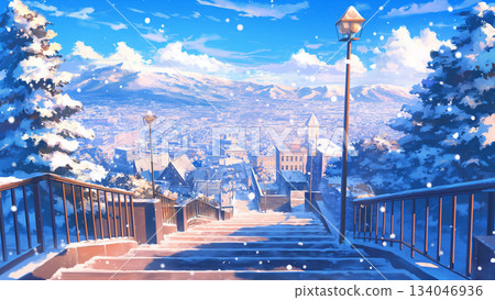 Winter residential area stone staircase scenery, anime style Winter residential area stone staircase scenery, anime style 134046936