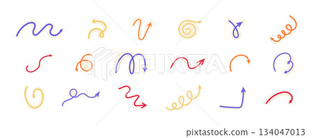 Spiral arrow doodle, collage cutout color wavy twist minimal squiggly line set. Curve comic turn way cut out direction. Playful quirky simple free hand elements.  134047013