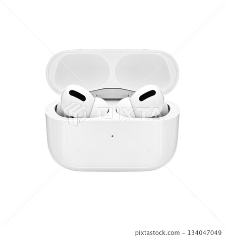 A pair of white earbuds with a white cord 134047049