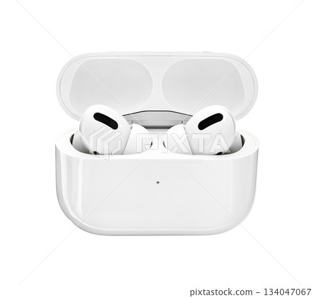 A pair of white earbuds with a white case 134047067