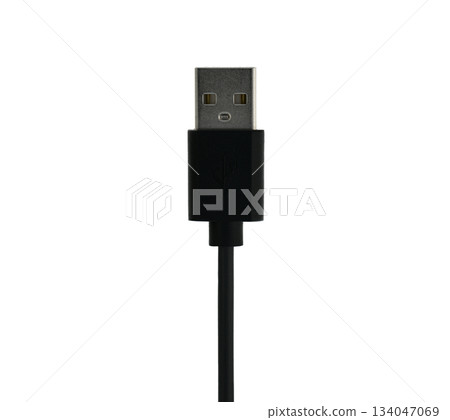A black USB cable with a white background A black USB cable with a white background 134047069
