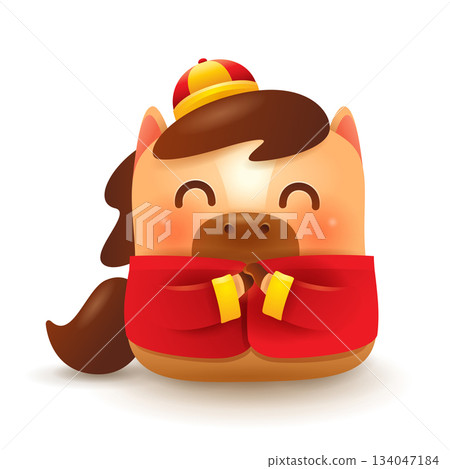 Cute Little Cartoon Horse. Chinese Traditional Costume. Gong Xi Gong Xi Gesture 134047184