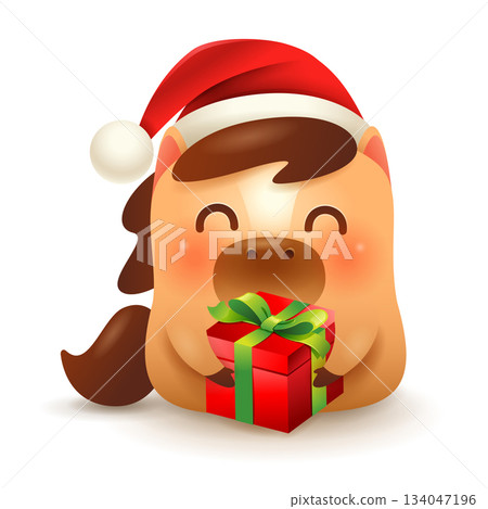 Cute Little Cartoon Horse. Christmas Santa Red Cap and Gift. Happy New Year 134047196