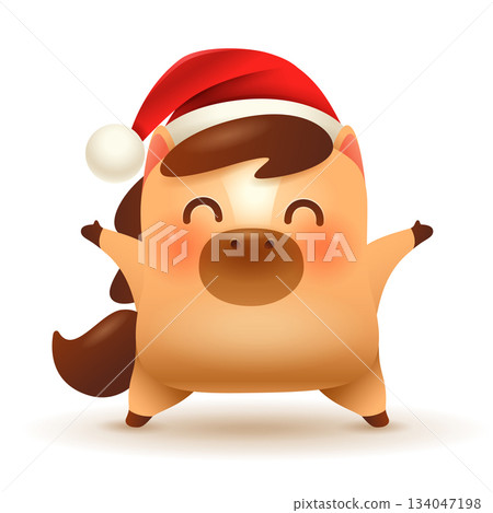 Cute Little Cartoon Horse. Christmas Santa Red Cap and Gift. Happy New Year 134047198