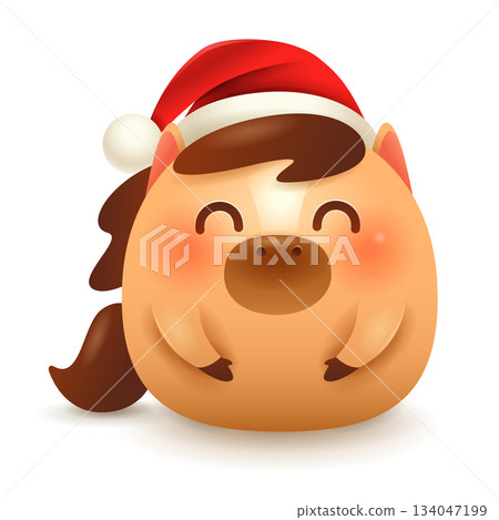 Cute Little Cartoon Horse. Christmas Santa Red Cap and Gift. Happy New Year 134047199