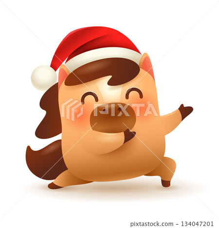 Cute Little Cartoon Horse. Christmas Santa Red Cap and Gift. Happy New Year 134047201