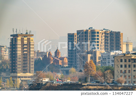 Yerevan Armenia 10.25.2025. A city skyline with a church in the middle Yerevan Armenia 10.25.2025. A city skyline with a church in the middle 134047227