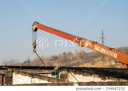 Yerevan Armenia 10.25.2025. A crane is lifting a large object 134047232