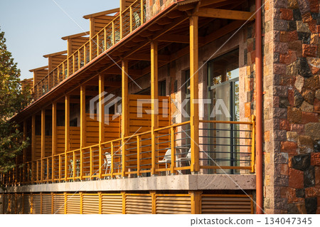Yerevan Armenia 10.25.2025. A hotel with balconies and wooden railings Yerevan Armenia 10.25.2025. A hotel with balconies and wooden railings 134047345