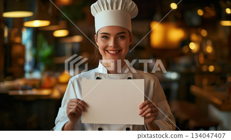 Smiling Caucasian female chef holding up a white piece of paper Smiling Caucasian female chef holding up a white piece of paper 134047407