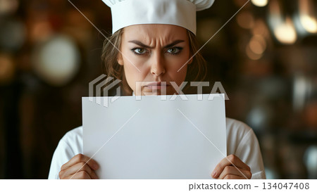 Caucasian female chef angry and holding up a white piece of paper Caucasian female chef angry and holding up a white piece of paper 134047408