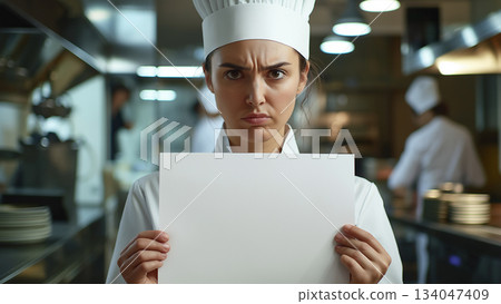 Caucasian female chef angry and holding up a white piece of paper Caucasian female chef angry and holding up a white piece of paper 134047409