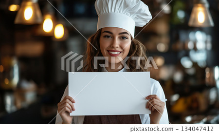 A foreign female chef smiling and holding up a white piece of paper A foreign female chef smiling and holding up a white piece of paper 134047412