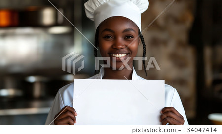 Smiling black female chef holding up a white piece of paper Smiling black female chef holding up a white piece of paper 134047414