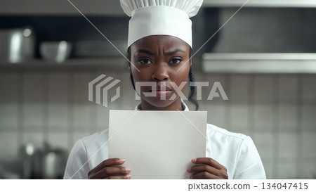 An angry black female chef holding up a white piece of paper An angry black female chef holding up a white piece of paper 134047415