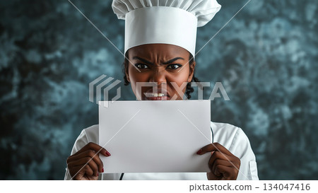 An angry black female chef holding up a white piece of paper An angry black female chef holding up a white piece of paper 134047416