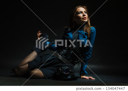 Retro lady sitting. 134047447
